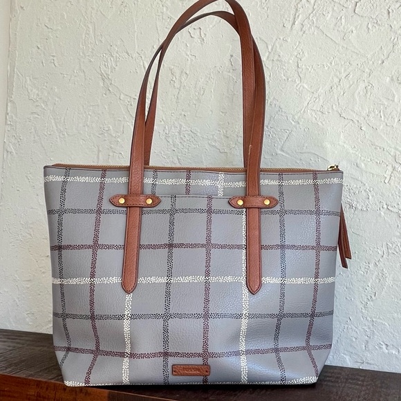 Fossil Rachel Zip Top Tote Gray Plaid Shoulder Bag Brown Leather Trim NWOT - Picture 10 of 10